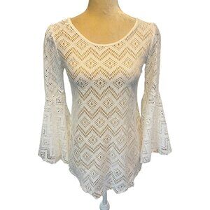 Vintage Cacia White Crochet Lace Bell Sleeve Sheer Top Small Fairy Angel Y2K 90s